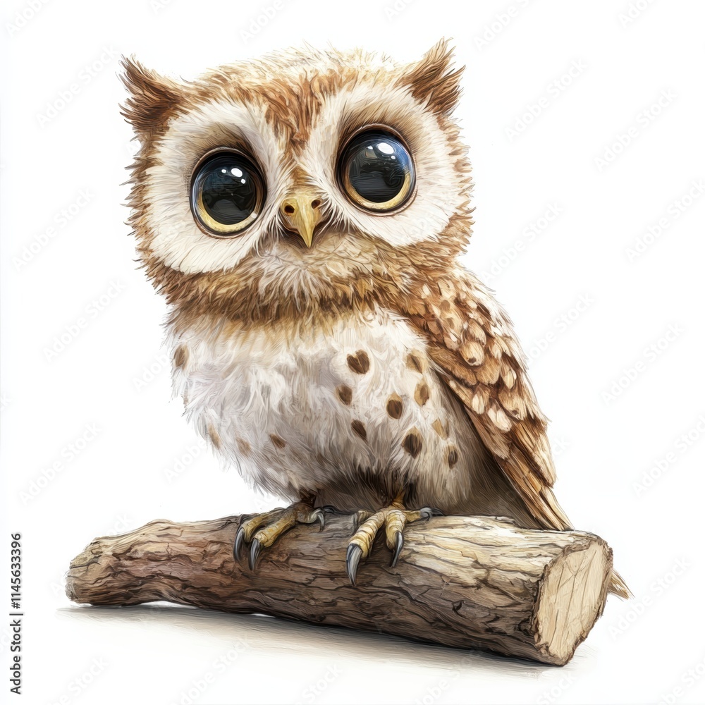 Fototapeta premium Charming tiny baby owl with oversized eyes perched on log nature setting wildlife photography cute concept