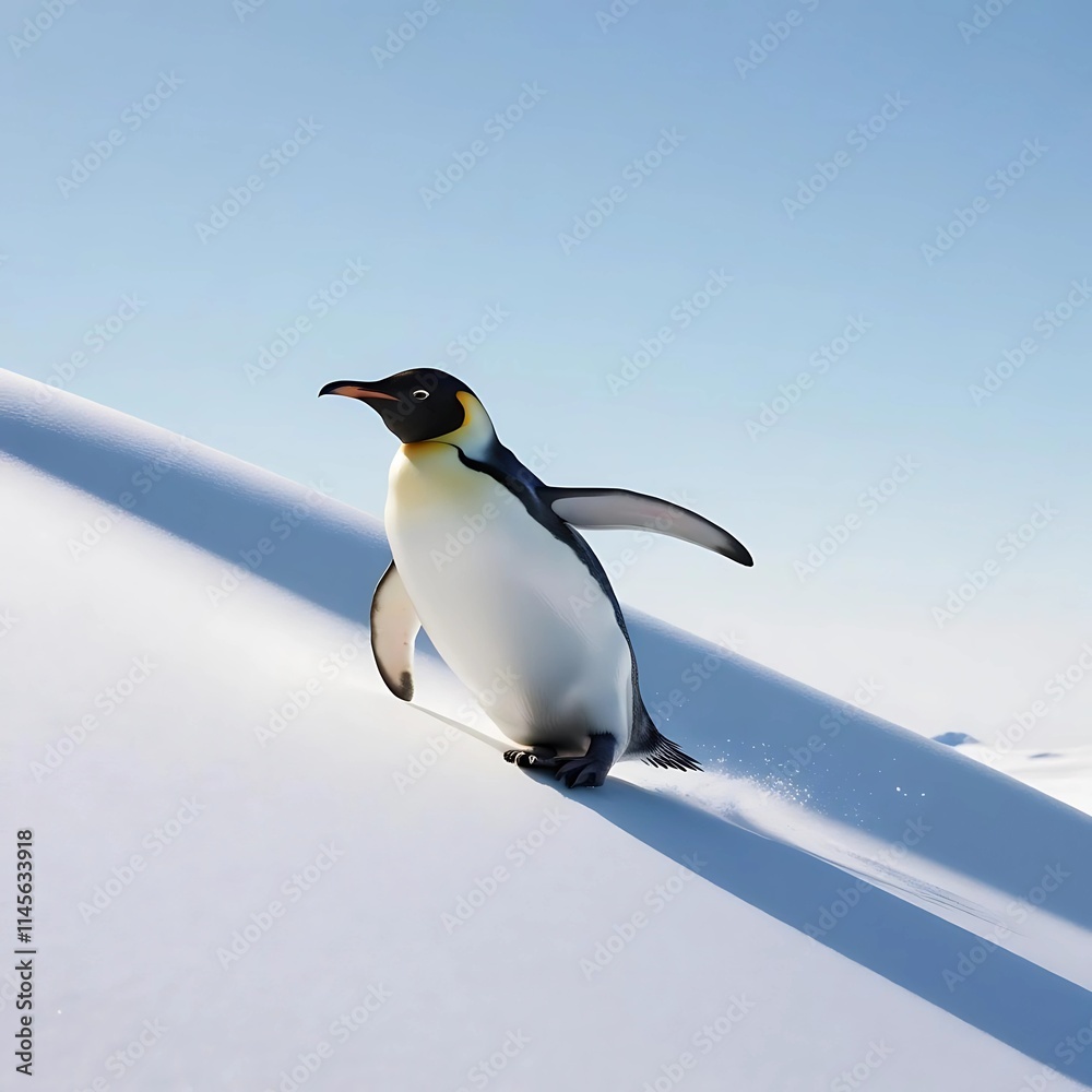 Obraz premium A single penguin sliding down a snowy slope, drawn with clean, flowing lines.