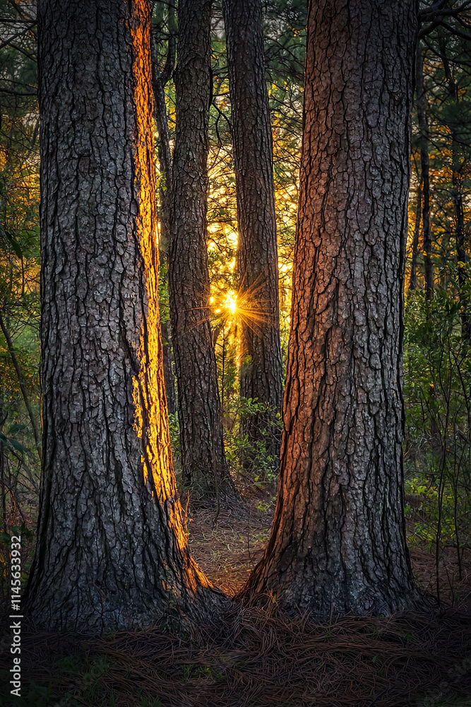 Towering loblolly pines stand together, sun illuminating their distant sides Towering loblolly pines stand together, sun illuminating their distant sides