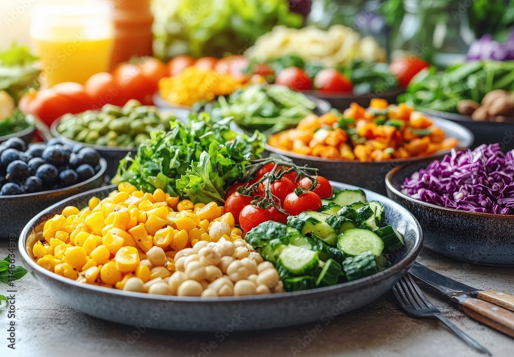 Vibrant and healthy salad bowl with fresh corn, chickpeas, cucumbers, tomatoes, and mixed greens. Perfect for healthy eating and lifestyle concepts. Vibrant and healthy salad bowl with fresh corn, chickpeas, cucumbers, tomatoes, and mixed greens. Perfect for healthy eating and lifestyle concepts.
