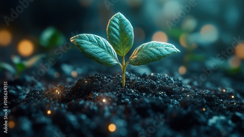 A futuristic concept showcases a plant with leaves in the soil, representing sustainable agriculture and innovative projects for a greener future. photo