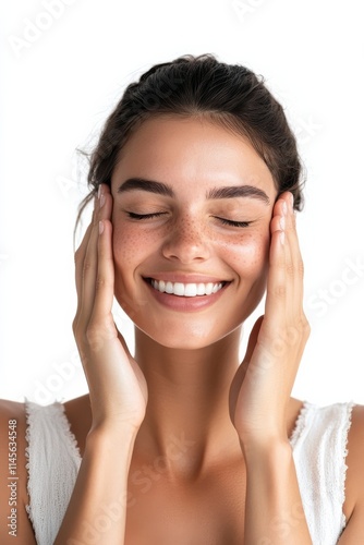 A smiling woman gently massages her face, conveying joy and relaxation against a clean, white background.