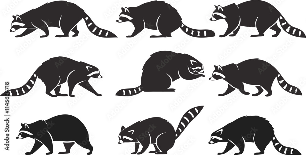 Fototapeta premium Raccoon silhouette vector set in some of different style using black color illustration design
