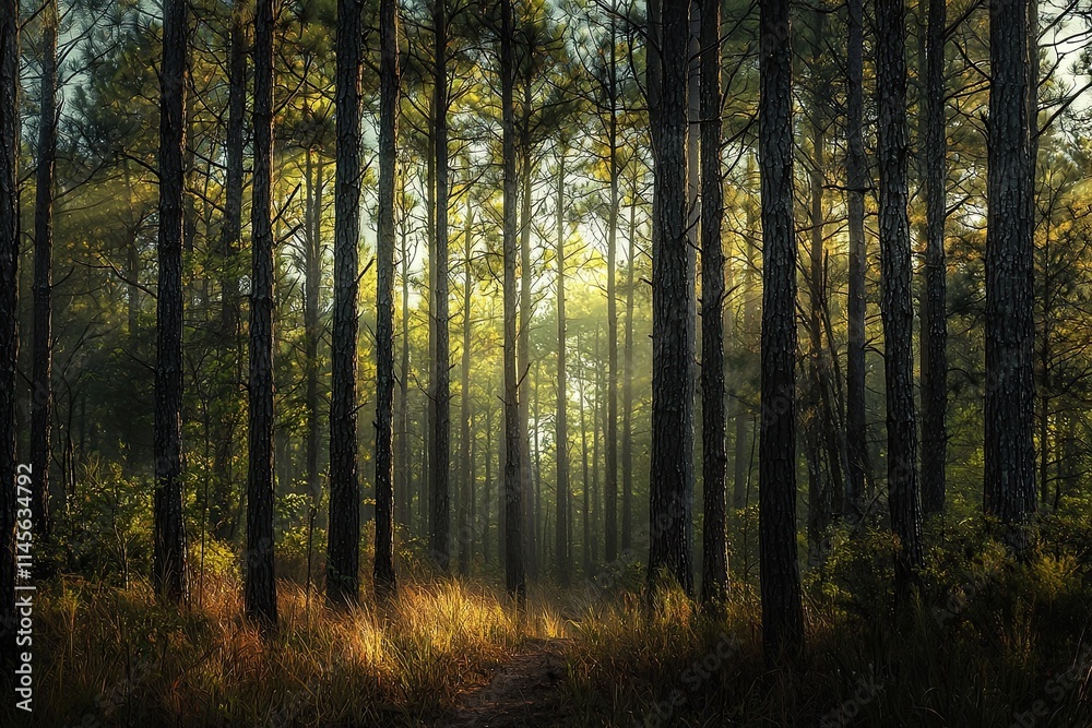 Towering loblolly pines stand together, sun illuminating their distant sides Towering loblolly pines stand together, sun illuminating their distant sides
