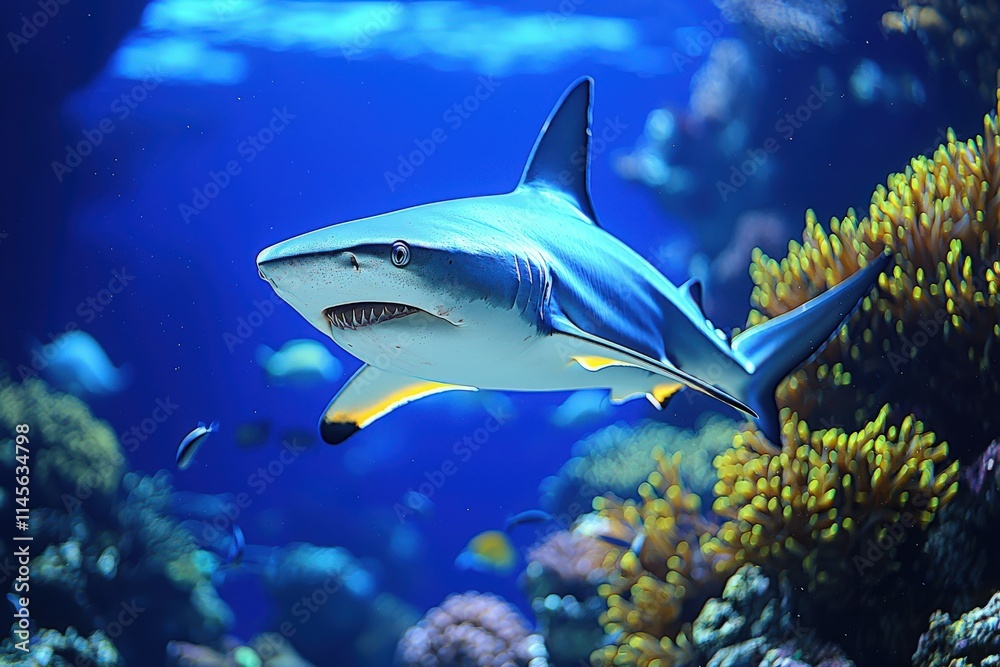 Obraz premium Majestic shark swimming gracefully amidst vibrant coral reef, showcasing underwater beauty and marine wildlife.