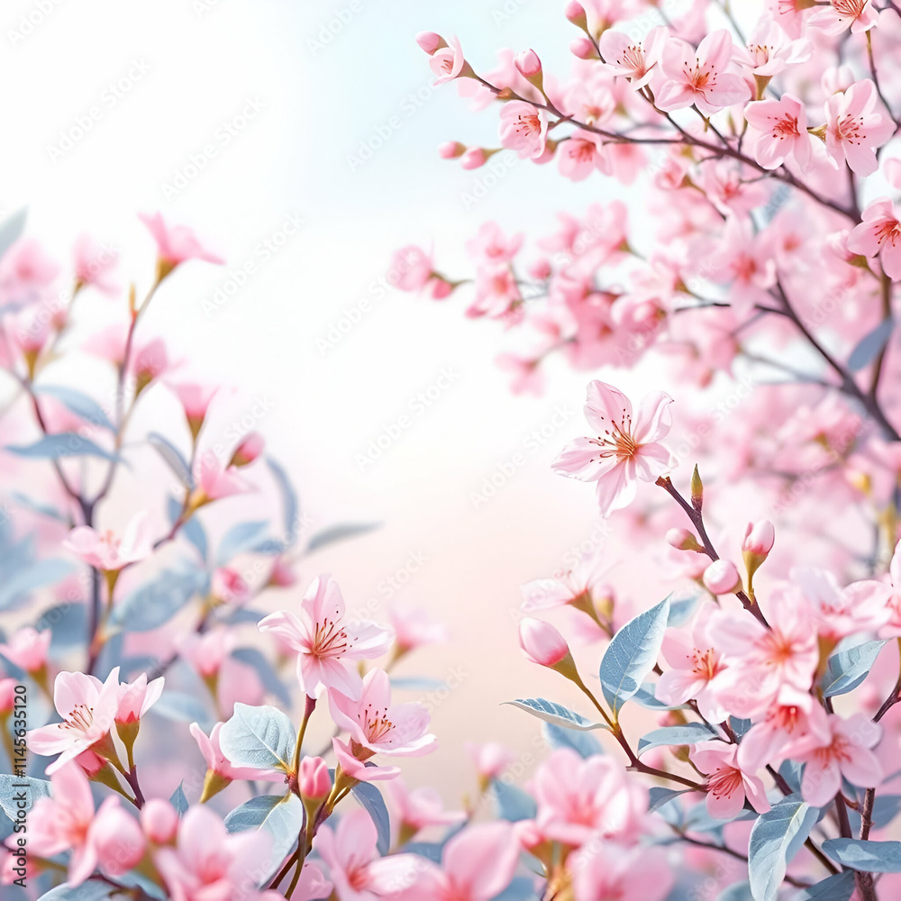 Beautiful spring and summer landscape with pastel colors, featuring pink flowers and blue leaves, perfect for seasonal and nature-inspired designs Beautiful spring and summer landscape with pastel colors, featuring pink flowers and blue leaves, perfect for seasonal and nature-inspired designs