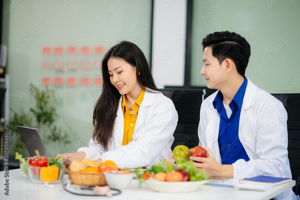 Doctors sharing fresh vegetables, promoting health and nutrition. Ideal for wellness, healthcare, and science themes. Doctors sharing fresh vegetables, promoting health and nutrition. Ideal for wellness, healthcare, and science themes.