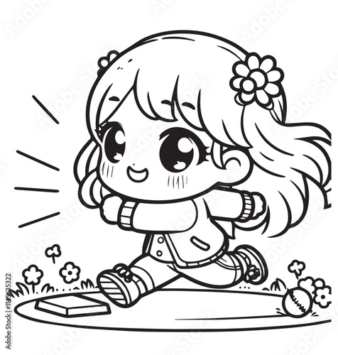 Coloring book cute girl run act 