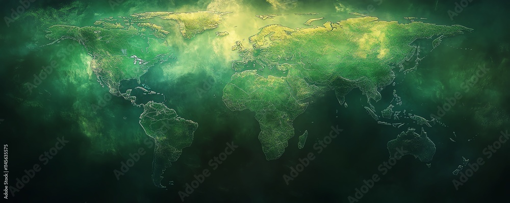 Obraz premium Artistic world map in shades of green, with each continent highlighted in different green tones, atmospheric light reflecting off the oceans