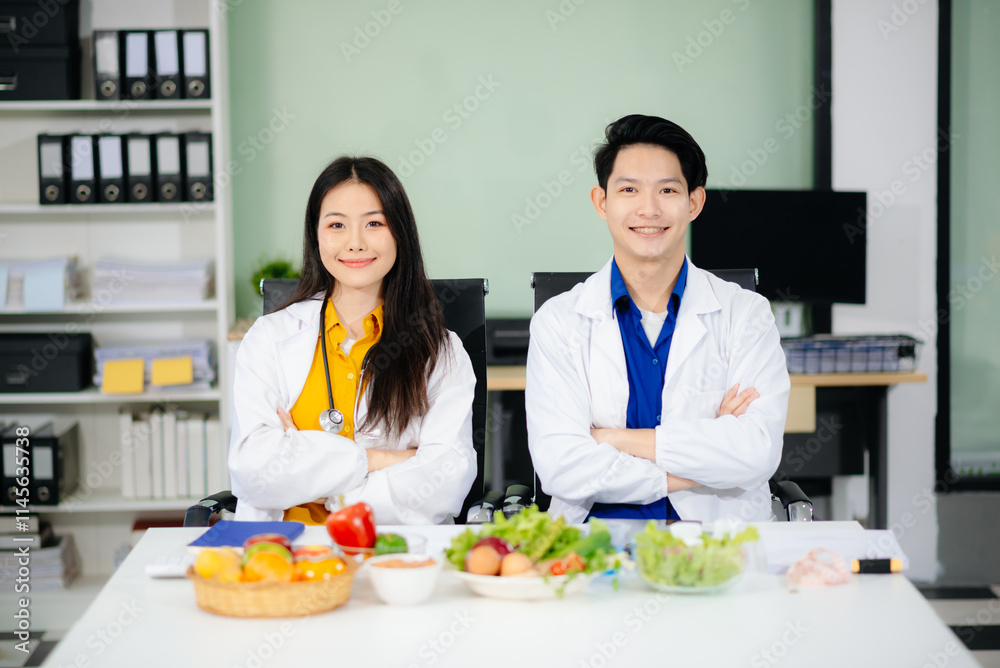 Doctors sharing fresh vegetables, promoting health and nutrition. Ideal for wellness, healthcare, and science themes. Doctors sharing fresh vegetables, promoting health and nutrition. Ideal for wellness, healthcare, and science themes.