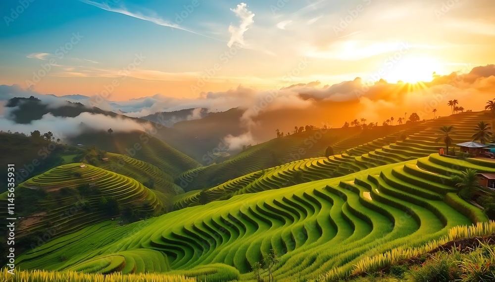 Sunrise Over Lush Green Rice Terraces In Mountains Sunrise Over Lush Green Rice Terraces In Mountains