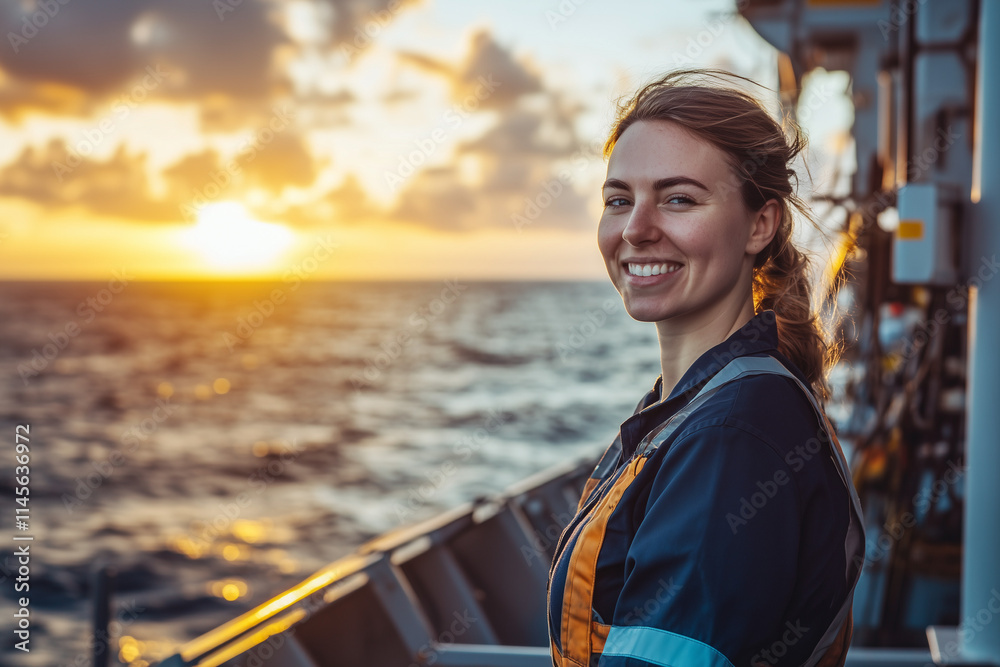 Fototapeta premium portrait of smiling female fifo worker, 30, on freighter ship, high vis vest, and ppe overlooking ocean at sunrise 