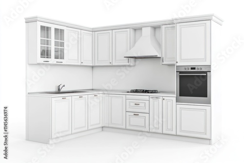 White corner kitchen cabinets, sink, oven, stove, and range hood.