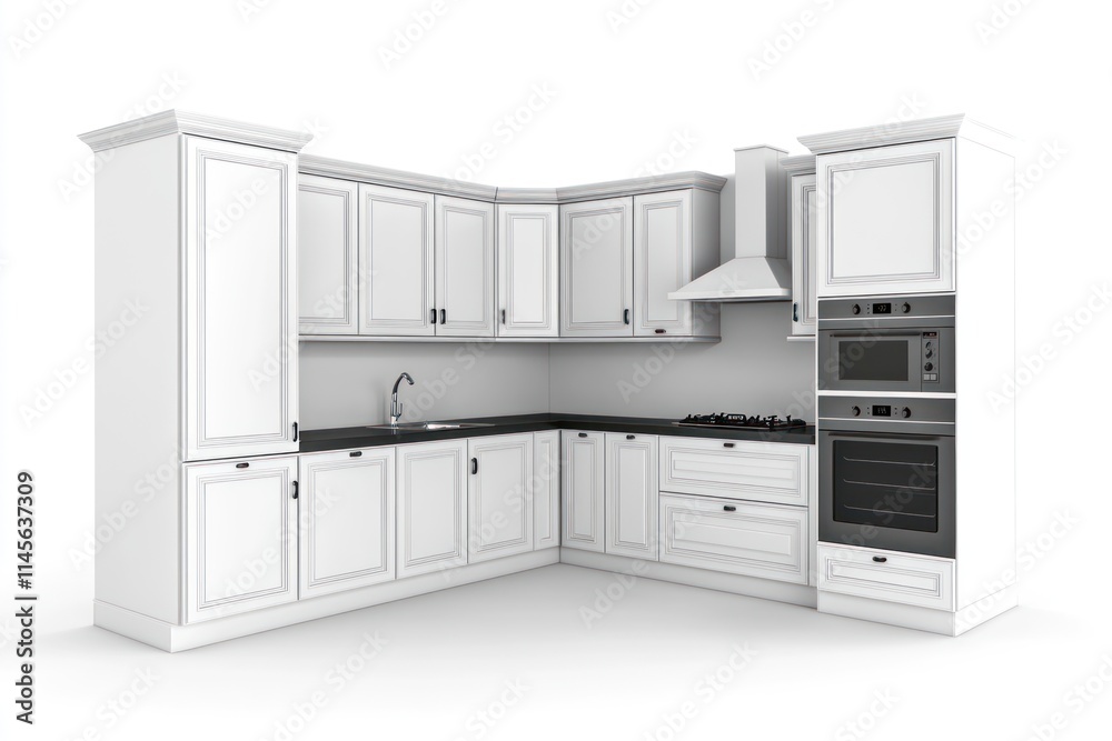 Fototapeta premium White corner kitchen with appliances and cabinetry.