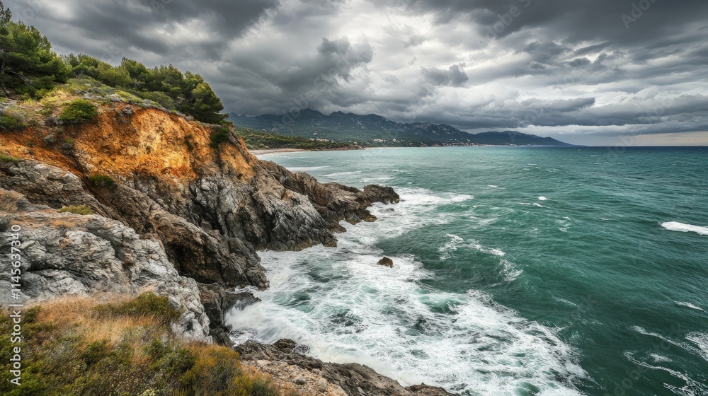 Dramatic Steep Cliff Overlooking Turquoise Ocean Under Dark Clouds Dramatic Steep Cliff Overlooking Turquoise Ocean Under Dark Clouds
