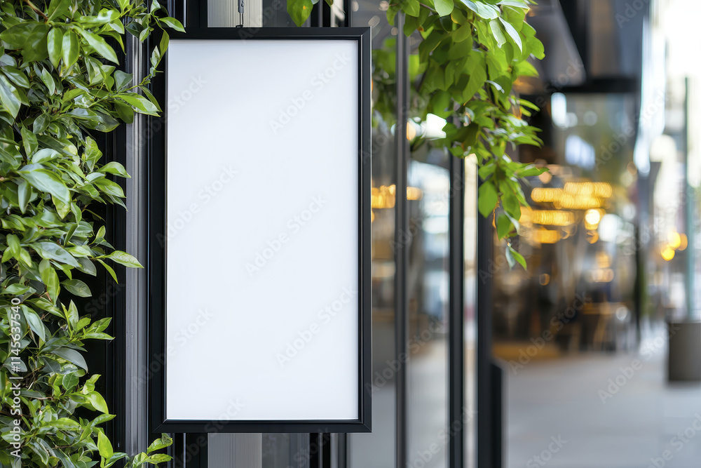 clean, empty signboard framed in black, surrounded by green foliage, ready for customization. This inviting space is perfect for displaying messages or promotions clean, empty signboard framed in black, surrounded by green foliage, ready for customization. This inviting space is perfect for displaying messages or promotions