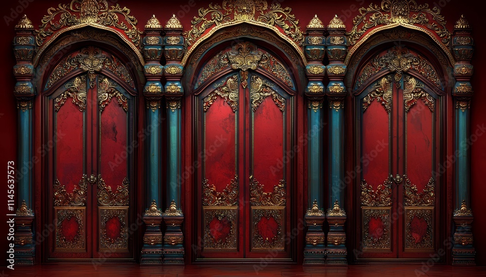 Ornate Red Doors With Intricate Gold And Teal Accents Ornate Red Doors With Intricate Gold And Teal Accents