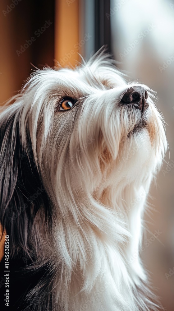 Elegant close-up of a bearded collie dog's expressive face, highlighting its sharp eyes and textured fur, as it looks attentively through a window in a tranquil indoor setting. Elegant close-up of a bearded collie dog's expressive face, highlighting its sharp eyes and textured fur, as it looks attentively through a window in a tranquil indoor setting.