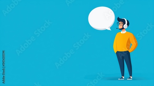 customer service support A person in headphones stands against a blue background with a speech bubble above.