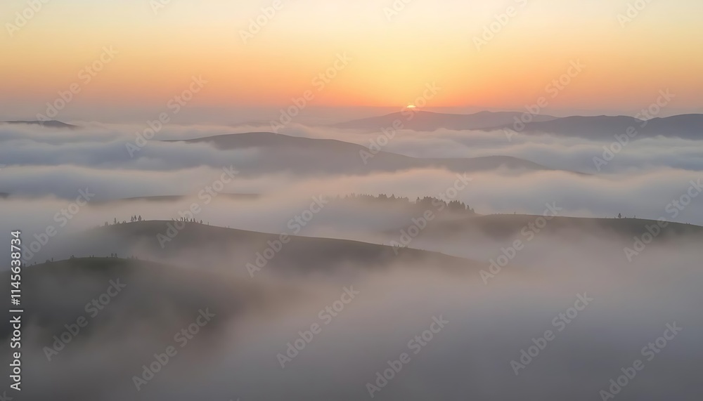 Sunrise Over Misty Mountain Ranges A Serene Landscape Sunrise Over Misty Mountain Ranges A Serene Landscape