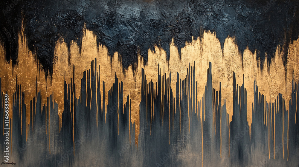Fototapeta premium A striking modern abstract acrylic painting in black, white, gray, and gold. The textured brush strokes evoke chaos and harmony, symbolizing balance, transformation, and the interplay of light and dar