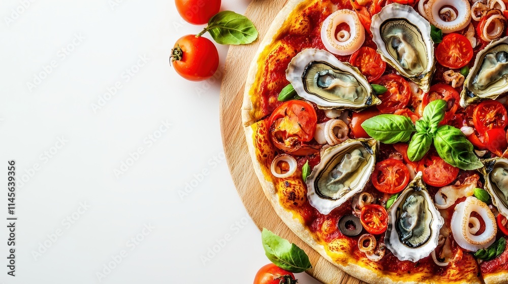 Delicious pizza with oysters and fresh tomatoes culinary delight kitchen top view food art Delicious pizza with oysters and fresh tomatoes culinary delight kitchen top view food art