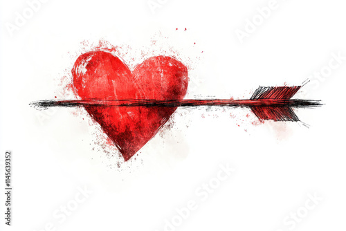 Heart pierced with arrow on red background. photo