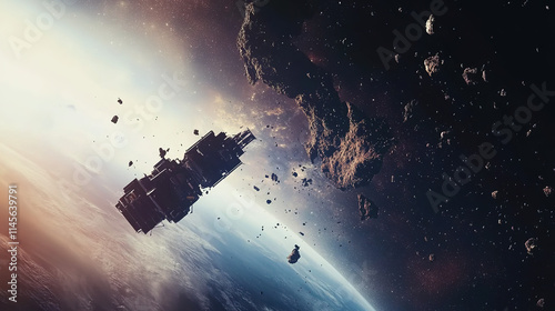 Wallpaper Mural Orbital cleanup illustration depicting a futuristic spacecraft removing debris from Earth's orbit, emphasizing the importance of space sustainability and environmental responsibility. Torontodigital.ca