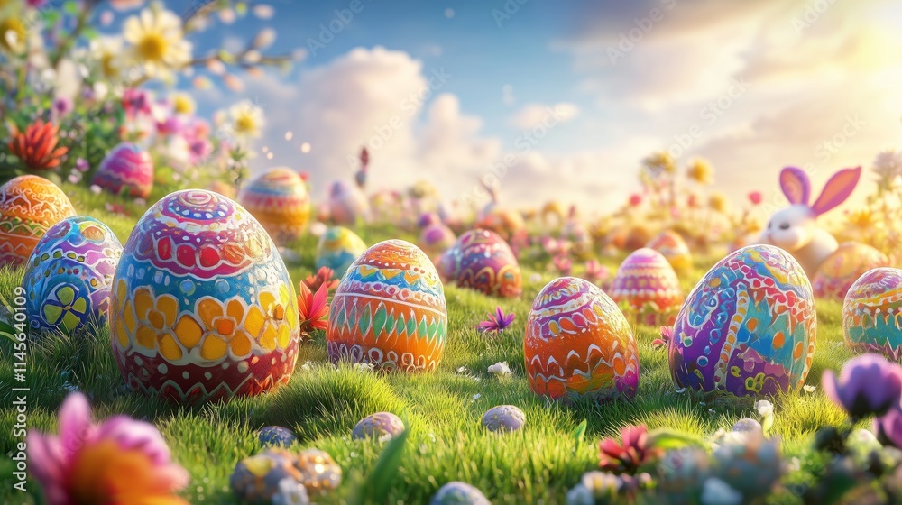 Colorful Easter eggs dot a green meadow, with bunnies adding whimsy to this joyful scene. Colorful Easter eggs dot a green meadow, with bunnies adding whimsy to this joyful scene.