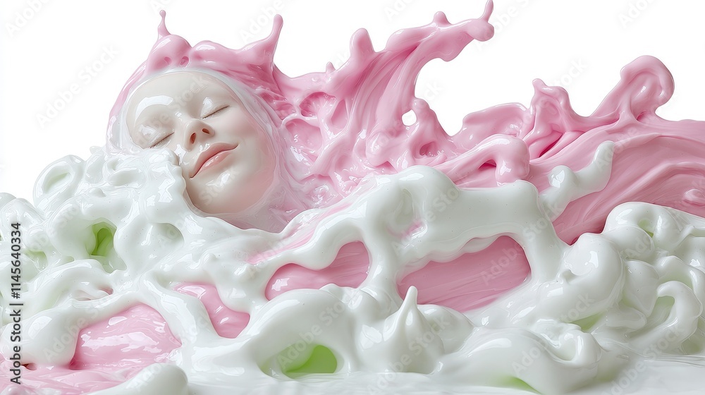 Serene woman's face immersed in pink and white cream splash. Serene woman's face immersed in pink and white cream splash.