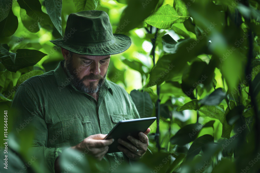 man in green hat and shirt uses tablet surrounded by lush green foliage, showcasing connection to nature and technology