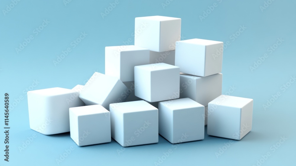 Abstract Composition of White Cubes on a Light Blue Background Abstract Composition of White Cubes on a Light Blue Background