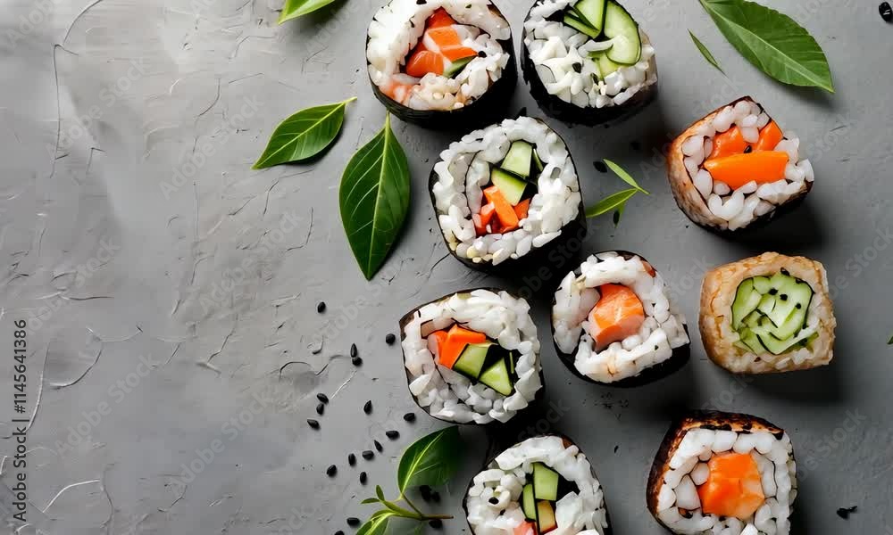 Assorted sushi rolls with fresh ingredients, green leaves on gray background Assorted sushi rolls with fresh ingredients, green leaves on gray background