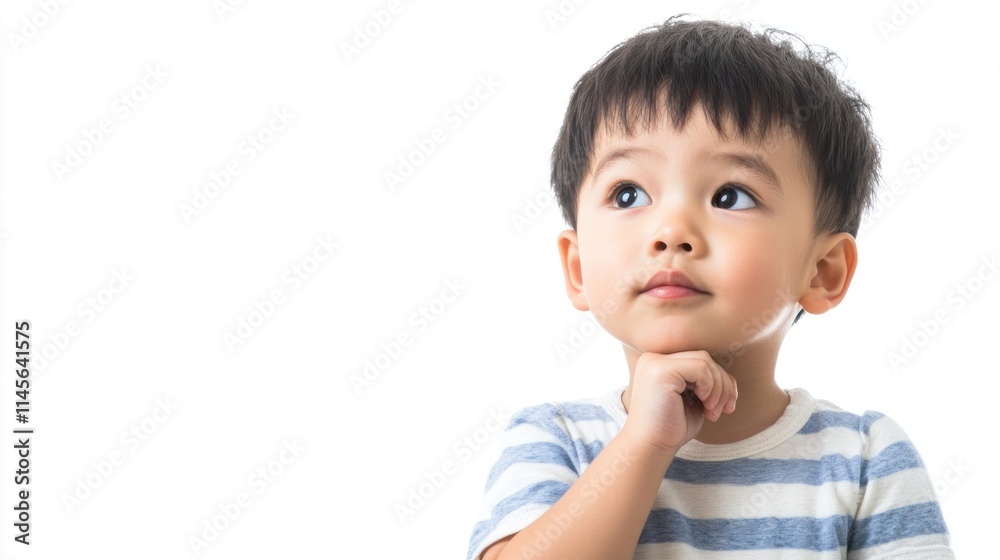 Adorable toddler boy looking thoughtfully upward against a white background. Adorable toddler boy looking thoughtfully upward against a white background.