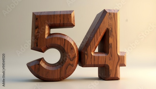 Wooden Number 54:  A 3D Render of  Fifty-Four in Carved Wood photo