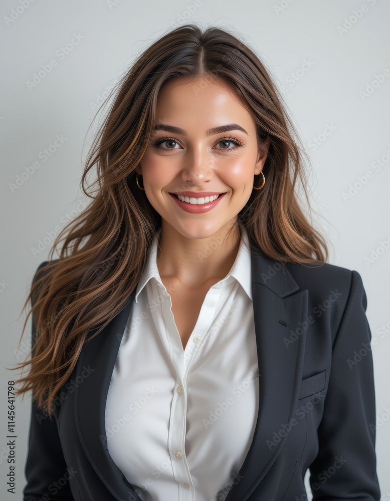 Smiling woman in dark suit, white shirt on white background. Suitable for business, professional, corporate concepts in design projects. Smiling woman in dark suit, white shirt on white background. Suitable for business, professional, corporate concepts in design projects.
