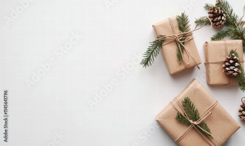 copy space image Beautiful Christmas boxes tied with a bow, set against a white background. Christmas gifts.