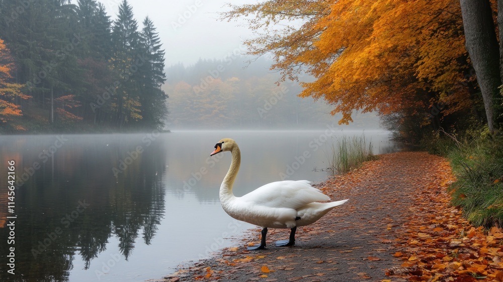 A serene autumn scene featuring a swan by a misty lake surrounded by colorful foliage. A serene autumn scene featuring a swan by a misty lake surrounded by colorful foliage.