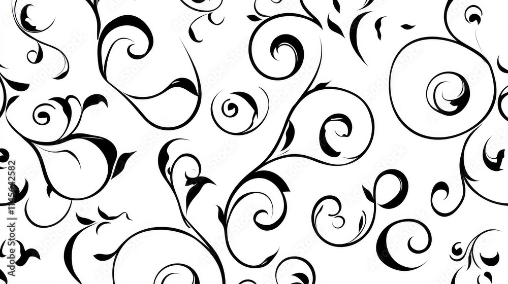 Elegant black and white swirling pattern with intricate scrolls and floral motifs for seamless design and artistic applications Elegant black and white swirling pattern with intricate scrolls and floral motifs for seamless design and artistic applications