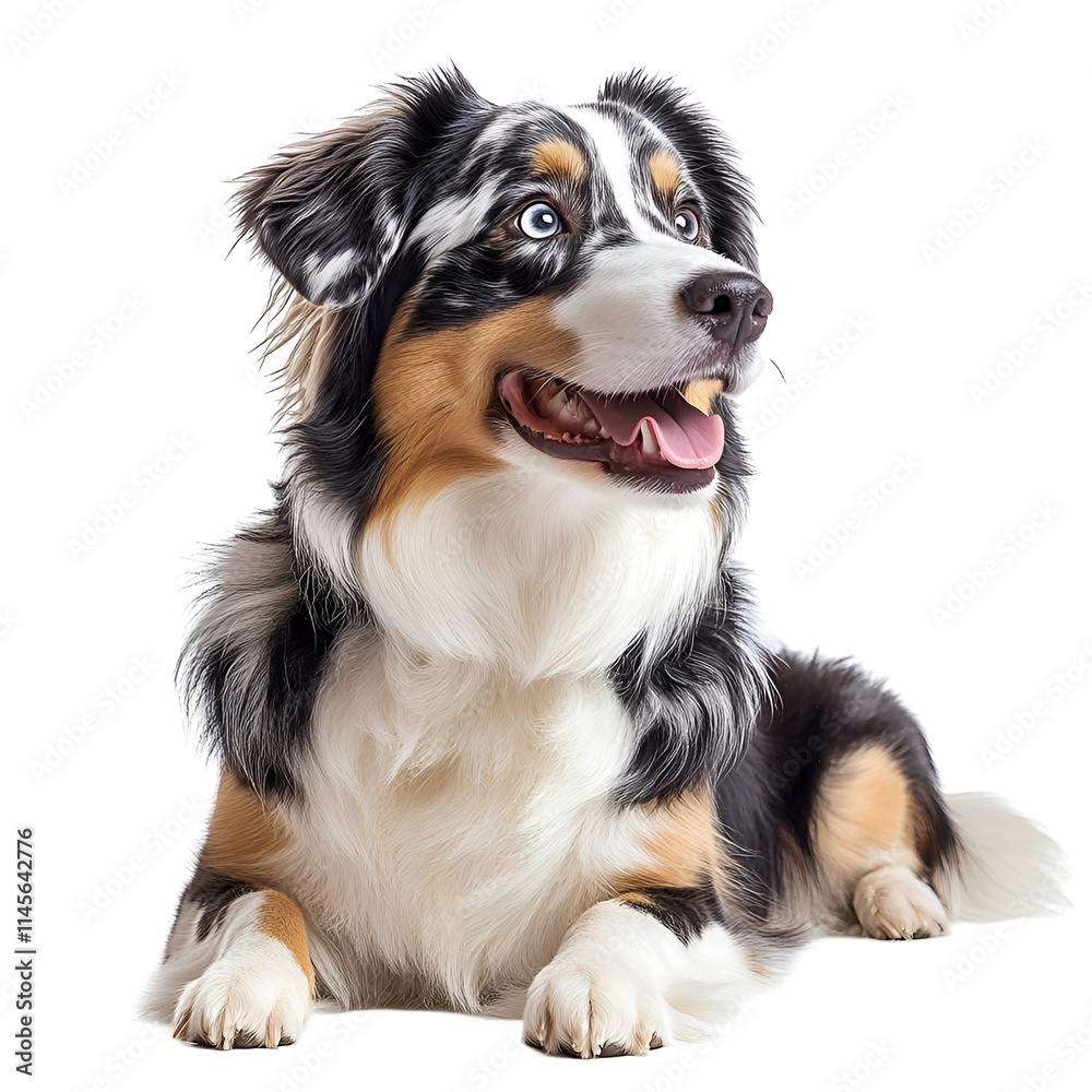 Angled view full body shot of an extremely perfect looking single Australian Shepherd animal isolated on a white transparent background Angled view full body shot of an extremely perfect looking single Australian Shepherd animal isolated on a white transparent background