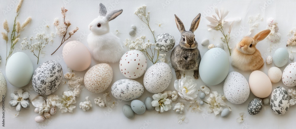 Obraz premium Easter decoration flat lay featuring pastel eggs, decorative bunnies, and floral accents on a light background with ample copy space.