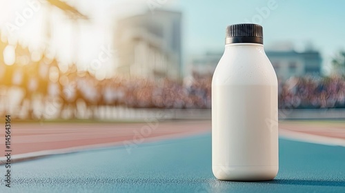Fototapeta Naklejka Na Ścianę i Meble -  Sports drinks concept. A bottle of fresh milk on a sports track during a sunny event.