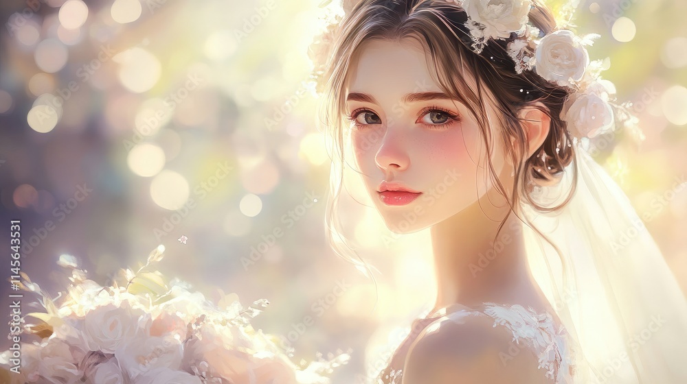 Elegant bride in a floral crown holding a bouquet with a soft dreamy background capturing the essence of wedding beauty. Elegant bride in a floral crown holding a bouquet with a soft dreamy background capturing the essence of wedding beauty.