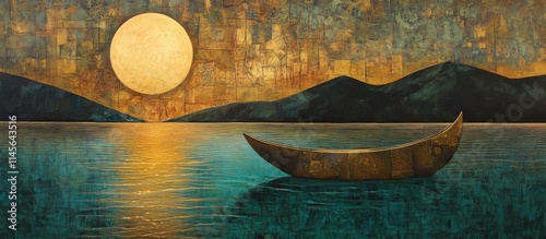 Tranquil Lake at Dusk with Golden Moon and Calm Waters Reflections Over Serene Mountains Landscape Art photo