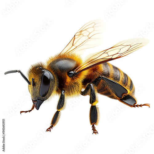 Angled view full body shot of an extremely perfect looking single Africanized bee (killer bee) animal isolated on a white transparent background photo