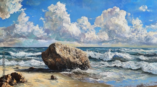 Serene coastal landscape featuring a rock on the sandy beach with dynamic waves and vibrant clouds during a bright sunny day. photo