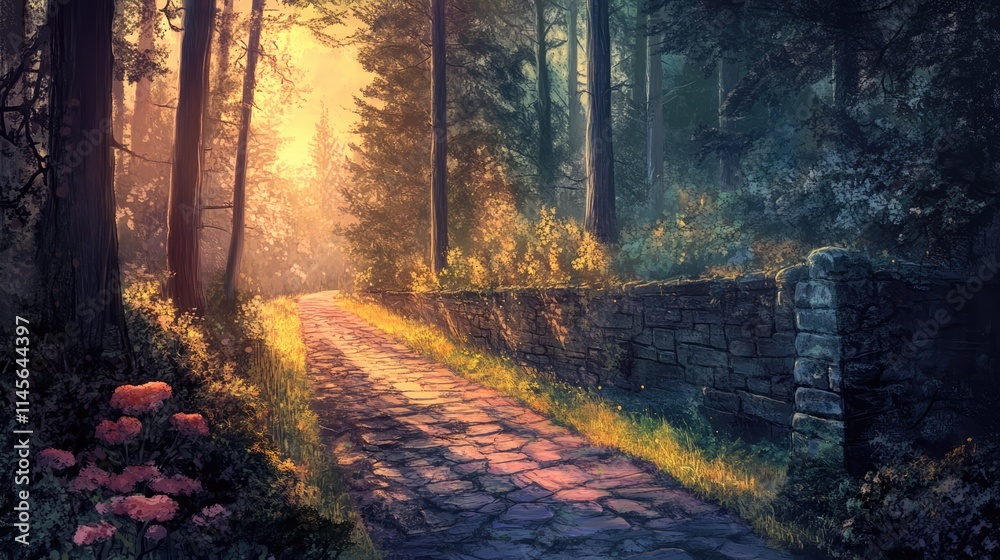 Naklejka premium Sunlit forest path alongside a stone wall with vibrant flora creating a serene natural landscape scene