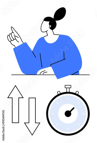 Woman gesturing arrows indicating change and a stopwatch. Ideal for business strategy, time management, decision making, workflow, efficiency, productivity, performance review. Line metaphor
