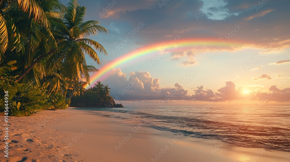 Fototapeta premium Tropical beach sunset with rainbow.
