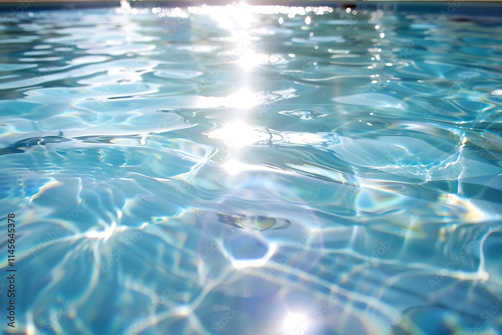 Closeup of sunlit, rippling pool water. Bright light reflects and refracts, creating a shimmering, tranquil scene. Clear, blue water with gentle waves. Closeup of sunlit, rippling pool water. Bright light reflects and refracts, creating a shimmering, tranquil scene. Clear, blue water with gentle waves.